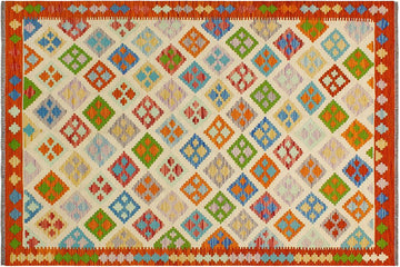 Flat Weave Kilim, Antique, Navaho, Vintage, Handmade, Geometric Kilim Beige Rust Hand-Woven Rectangle 100% Wool Area Rug 5 x 7